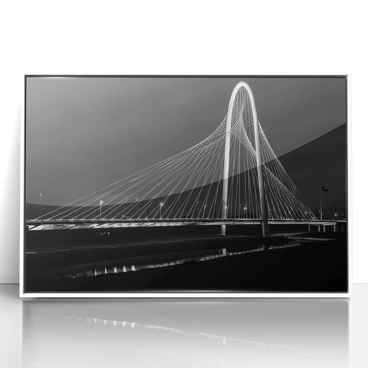 Framed acrylic print of Dallas skyline in art deco style with muted gray and blue tones, ideal for modern art wall decor.