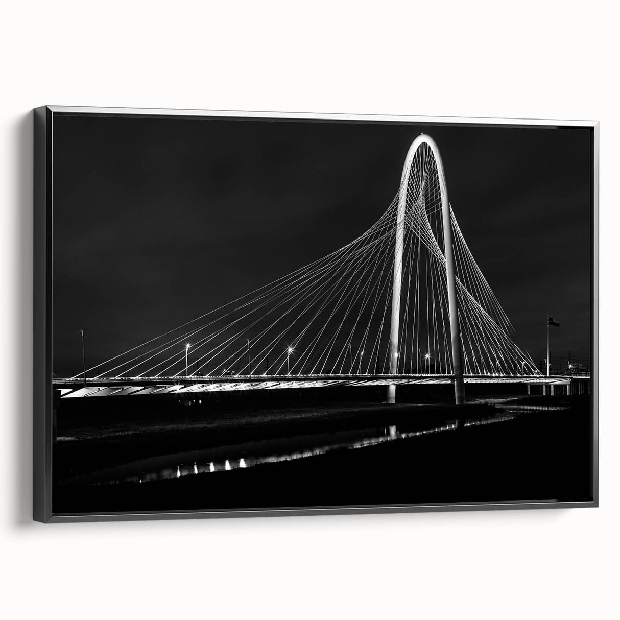 Black and white framed canvas of Dallas skyline in a vintage poster style, ideal for bedroom wall art.