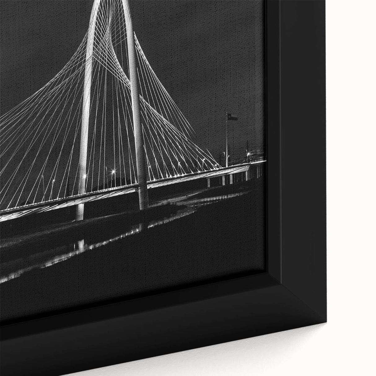 Extra large framed canvas of Dallas skyline in black with colorful, textured accents, ideal for living room decor.