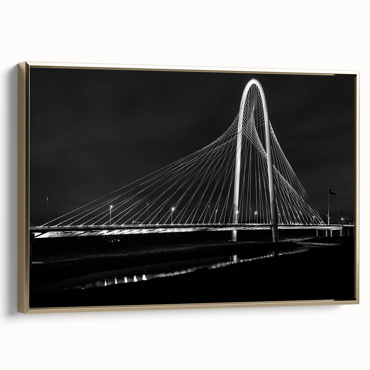 Framed canvas featuring a vintage-style landscape painting of the Dallas skyline in muted gold and black tones.