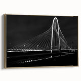 Framed canvas featuring a vintage-style landscape painting of the Dallas skyline in muted gold and black tones.