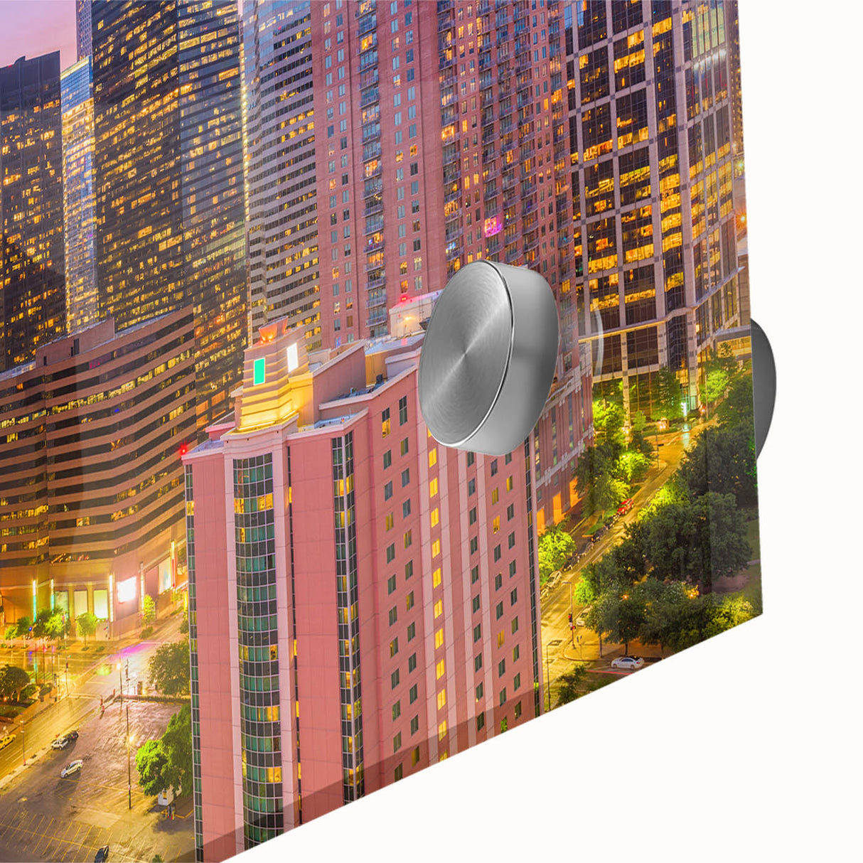 Acrylic print of a large abstract representation of Houston's skyline in mid-century modernist style.