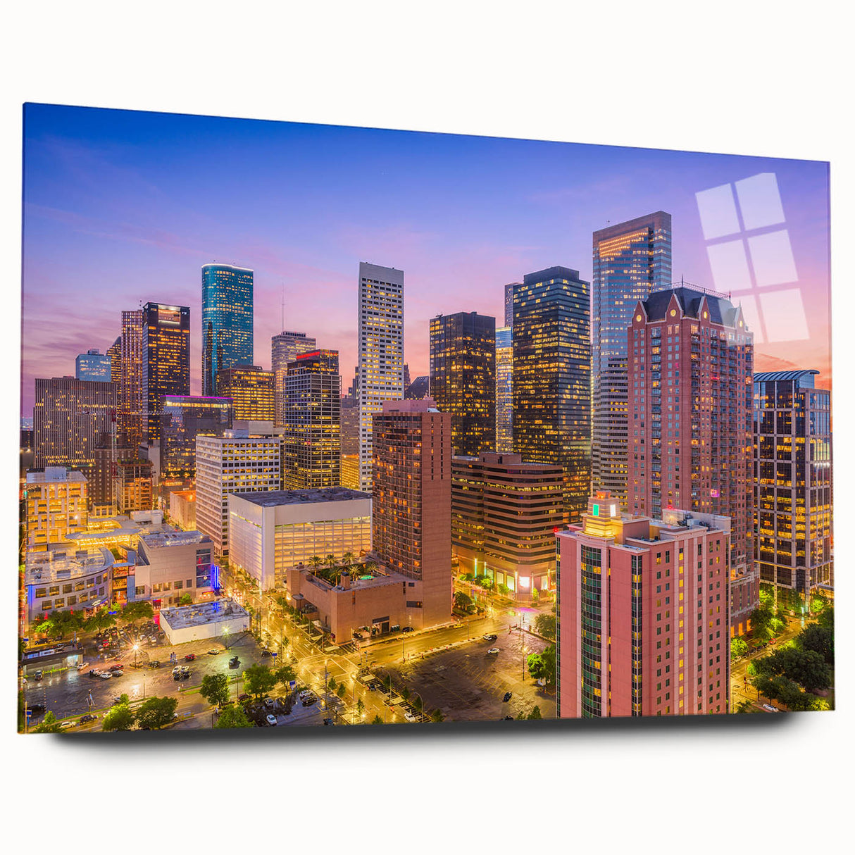 Acrylic print of Houston skyline in muted grays and blues, suitable for bedroom or dining room decor.