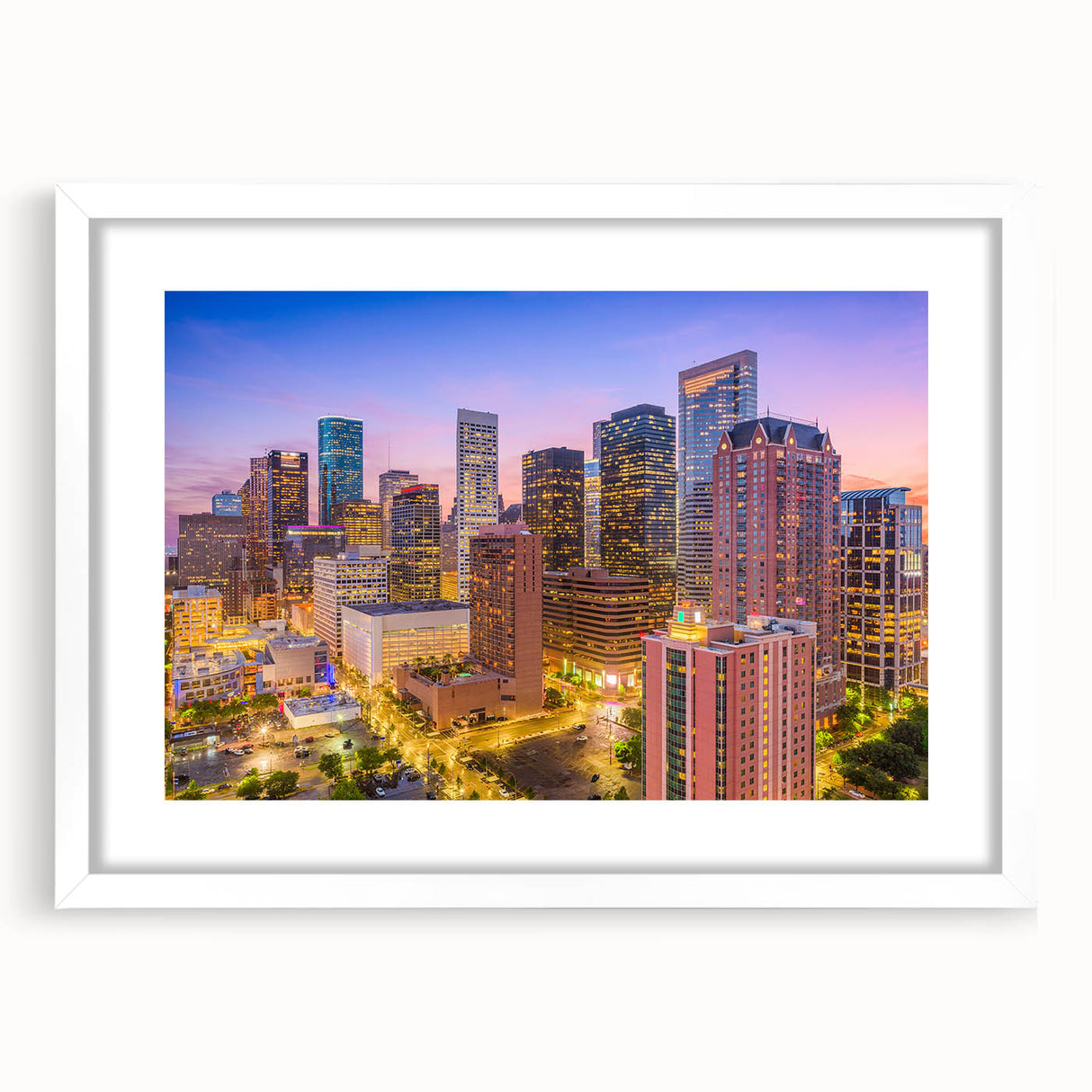 Abstract art print of Houston skyline in muted gray and blue tones on a framed white mat, ideal for dining room decor.