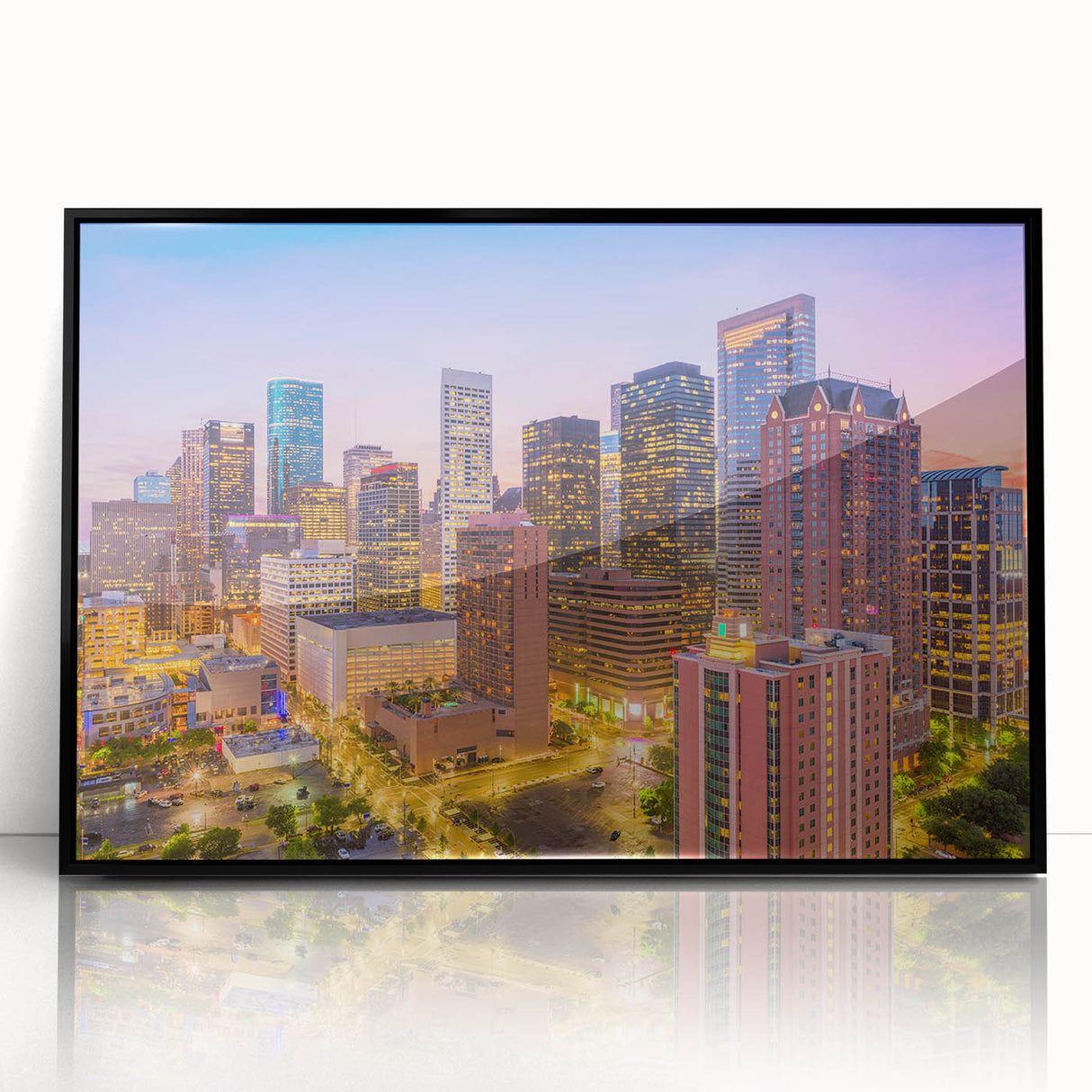 Large abstract wall art of Houston skyline in muted gray and blue tones on framed acrylic.