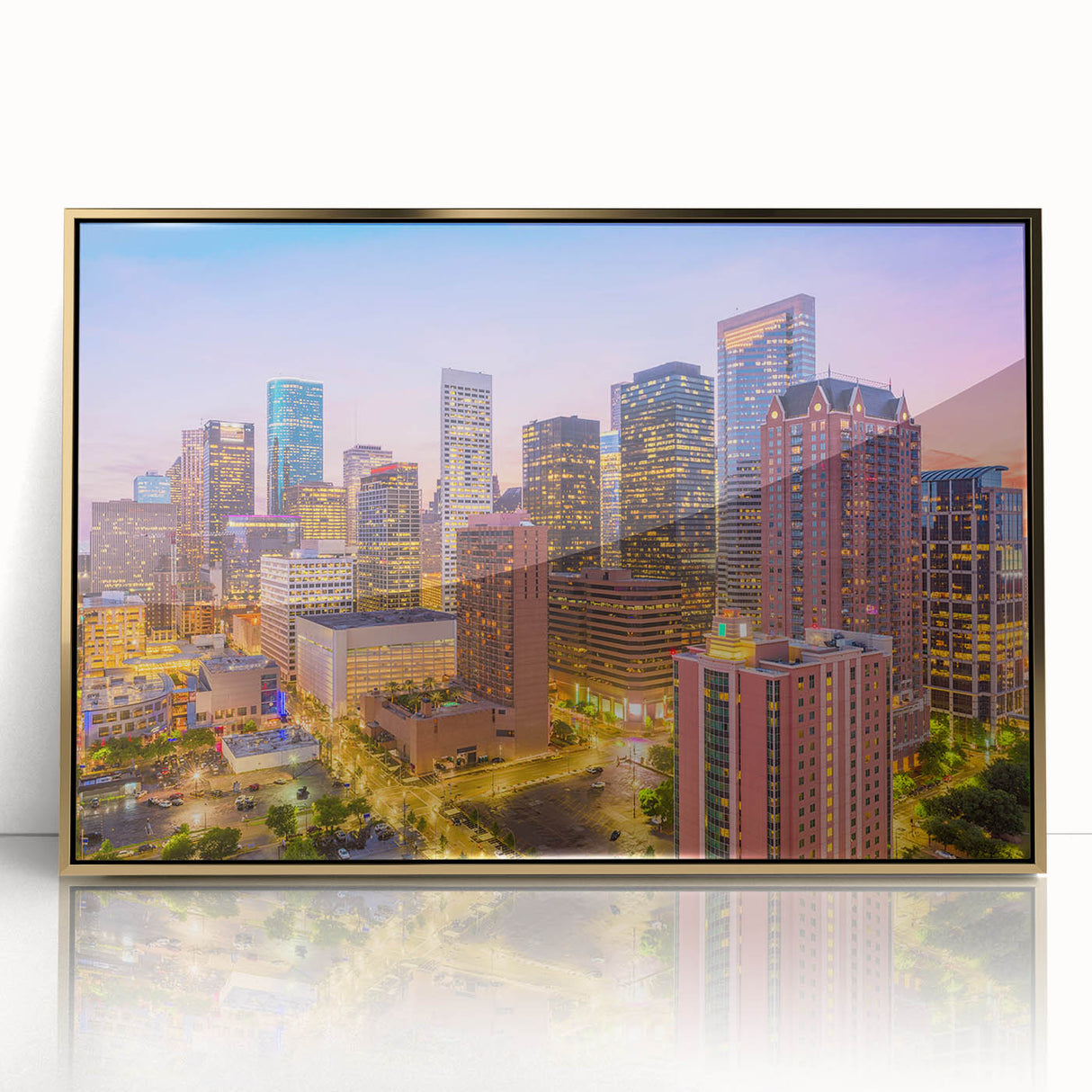 Mid-century modernist acrylic print of Houston skyline in gold and blue tones, ideal for modern art wall decor.
