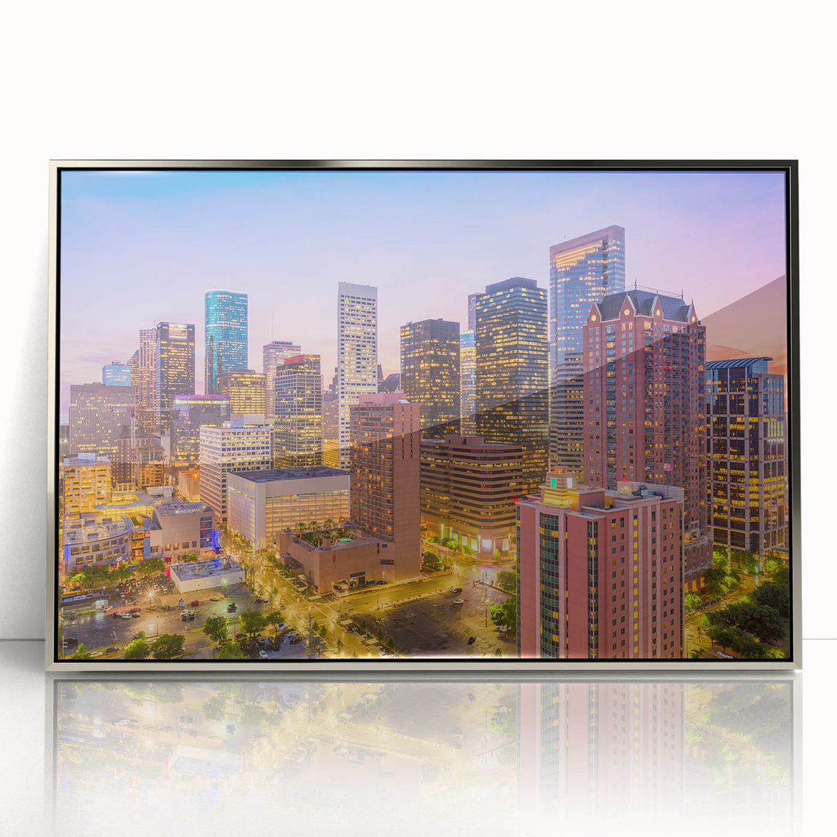 Mid-century modernist art depicting the Houston skyline in muted gray and silver tones on a framed acrylic print.