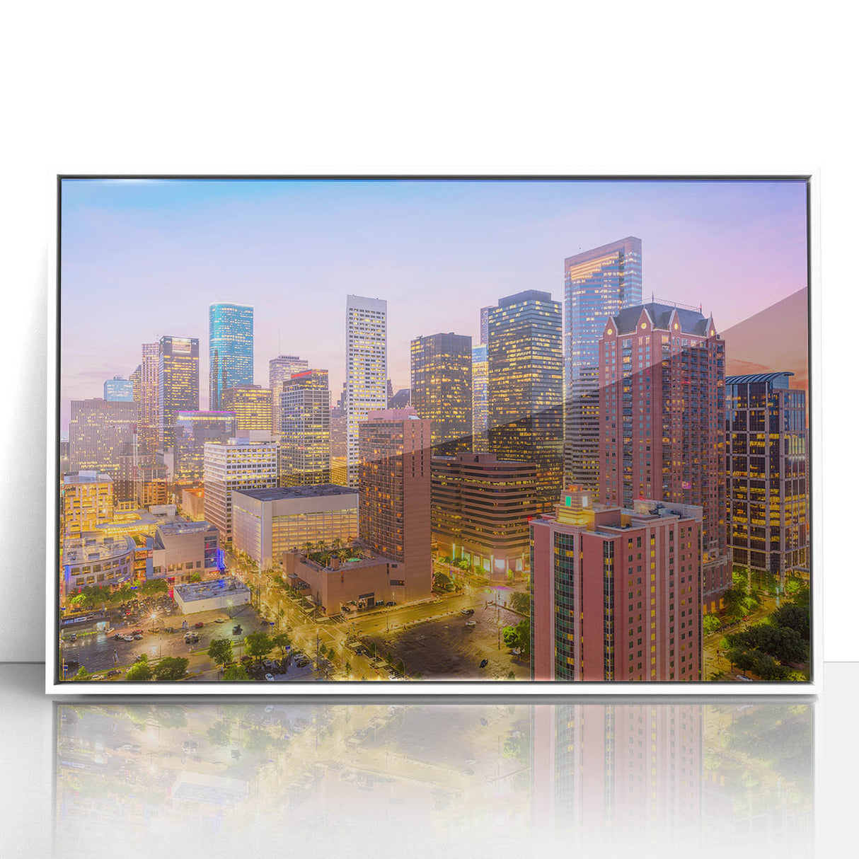 Acrylic print of Houston skyline in muted blue and white tones, framed in white, suitable for modern nursery decor.