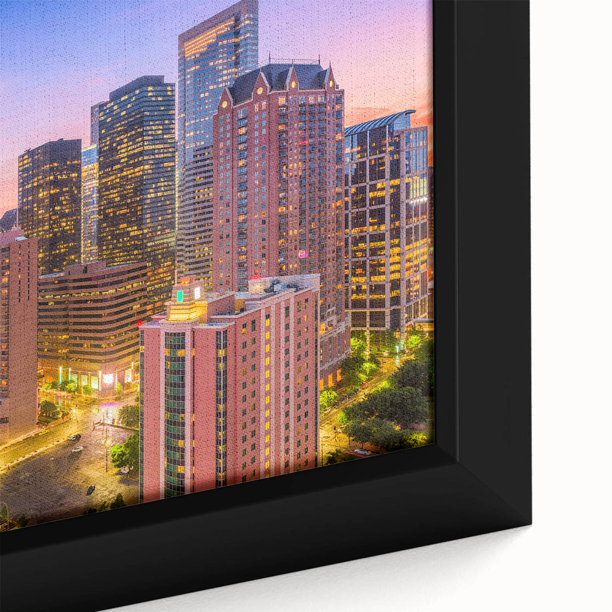 Extra large framed canvas of a textured Houston skyline in black with colorful accents, ideal for living room decor.