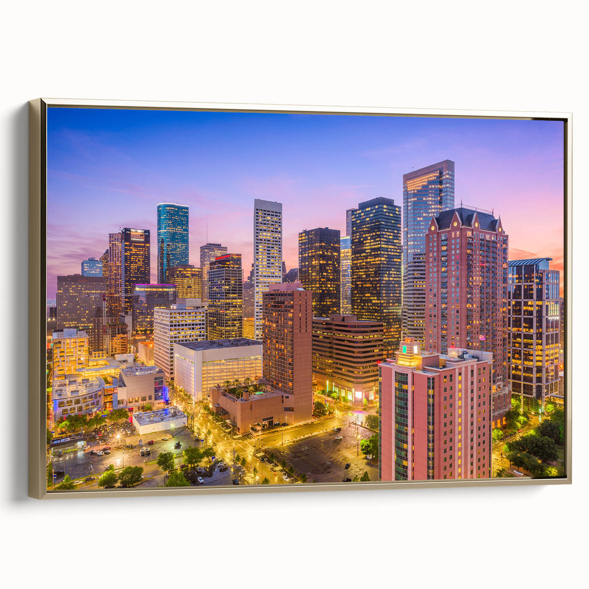 Framed canvas featuring a vintage-style landscape painting of Houston skyline in muted gold and black tones.