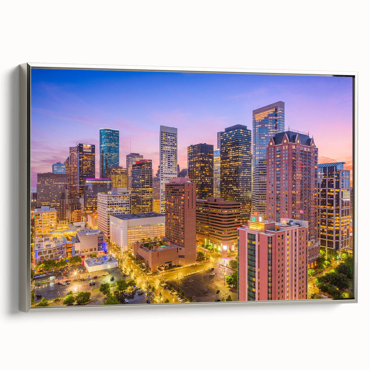 Framed canvas of a vintage-style Houston skyline in vibrant, colorful hues, ideal for office decor.