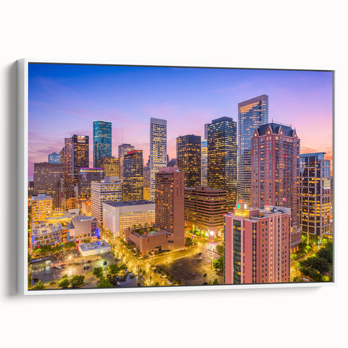 Vintage poster art of Houston skyline on extra large framed canvas, featuring colorful art against a black background.