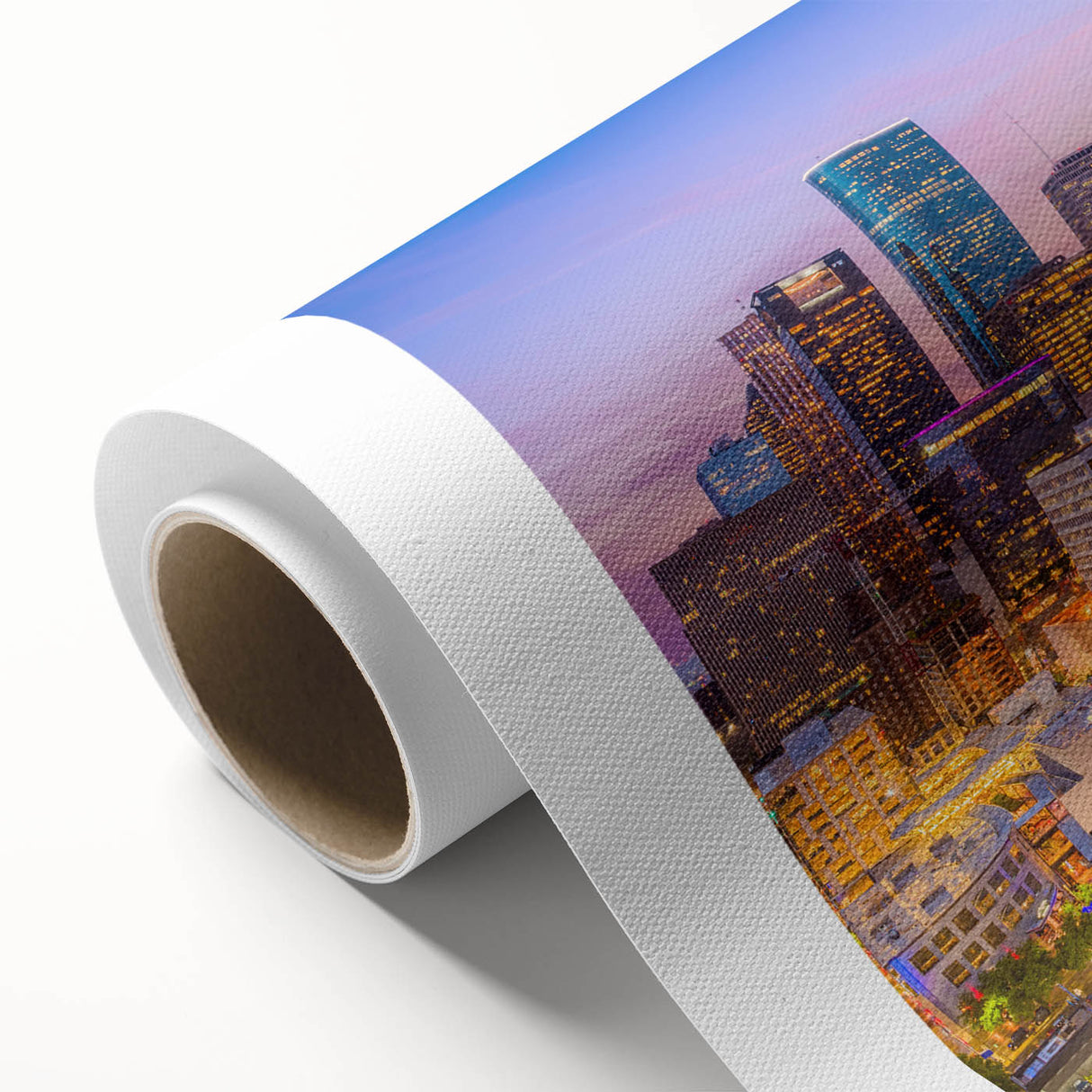 Art deco poster of Houston skyline in pastel shades on rolled canvas, ideal for nursery wall art.