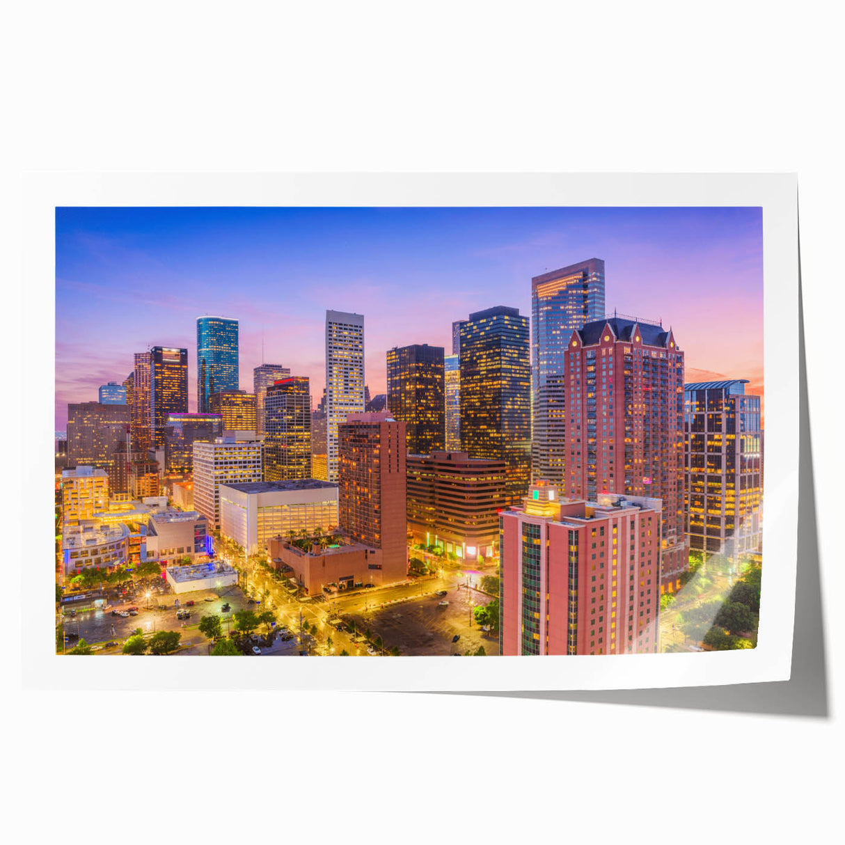 Extra large rolled print of Houston skyline with vibrant sunset colors, ideal for art wall dining room.