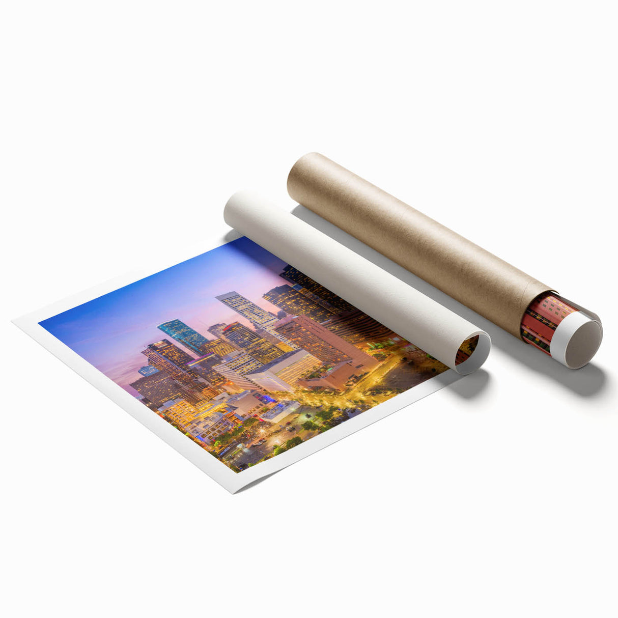 Rolled print of Houston skyline with soft pink and blue twilight hues, ideal for classy bathroom wall art.