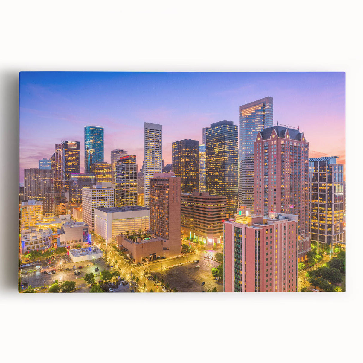 Black and white large art print of Houston skyline on stretched canvas, ideal for kitchen wall art.