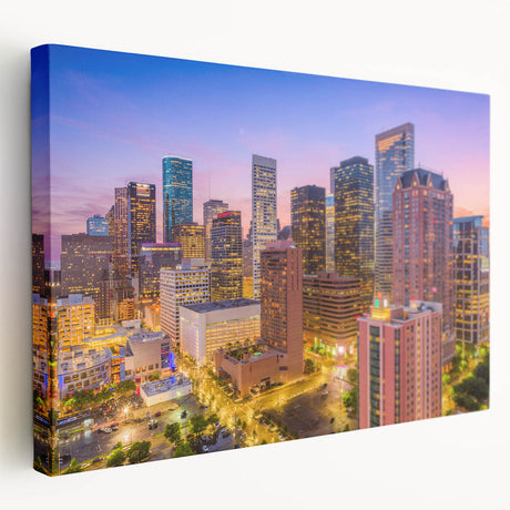 Houston skyline depicted in vibrant twilight hues on large stretched canvas, suitable for kitchen wall art.