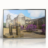 Mid-century modernist art depicting the San Antonio skyline in acrylic, framed in silver, suitable for modern art wall decor.