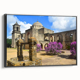 Black and white framed canvas of San Antonio landscape, ideal for bedroom wall art, featuring vintage poster style.