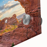 Mid-century modernist large abstract art of Arches National Park in vibrant orange and red tones on acrylic glass.