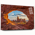 Acrylic print of Arches National Park in Utah, showing vibrant red rock formations, ideal for dining room decor.