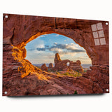 Acrylic print of Arches National Park in Utah, showing vibrant red rock formations, ideal for dining room decor.