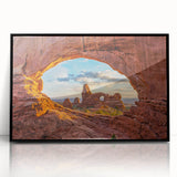 Large abstract wall art depicting Arches National Park in muted earth tones on a framed acrylic.