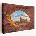 Large canvas print of Arches National Park with warm orange and red tones, suitable for kitchen wall art.