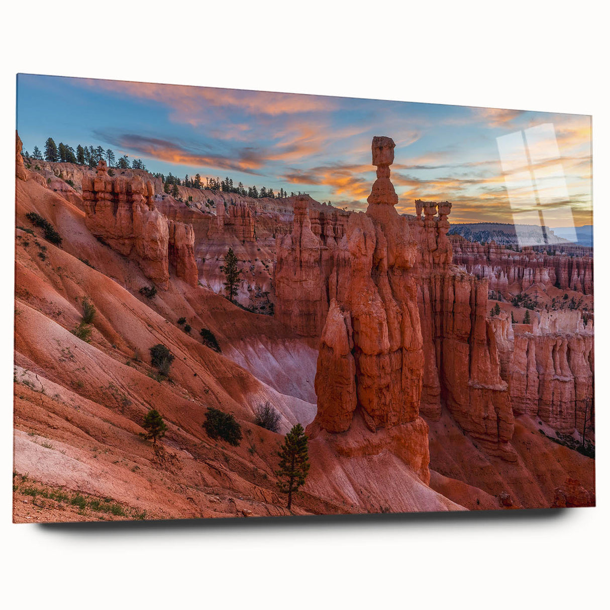Large abstract wall art of Bryce Canyon in vibrant orange and red hues on acrylic glass.