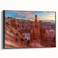 Black and white framed canvas of Bryce Canyon landscape, ideal for bedroom wall art in vintage poster style.