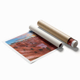 Bryce Canyon landscape on rolled print, featuring earthy red and orange tones, suitable as large living room wall art.