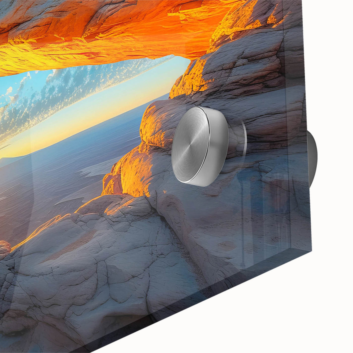 Mid-century modernist acrylic print of a large abstract depiction of Canyonlands in muted earth tones.