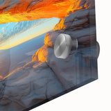 Mid-century modernist acrylic print of a large abstract depiction of Canyonlands in muted earth tones.