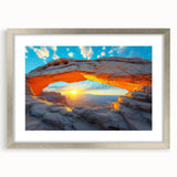 Textured art print of abstract Canyonlands scenery in muted earth tones on a framed silver mat, ideal for bedroom decor.
