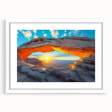 Abstract art print of Canyonlands with vivid orange and red tones on a white framed mat, suitable for dining room decor.