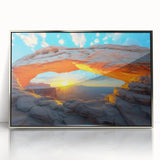 Mid-century modernist art depicting Utah's Canyonlands in earthy tones on a framed acrylic print.