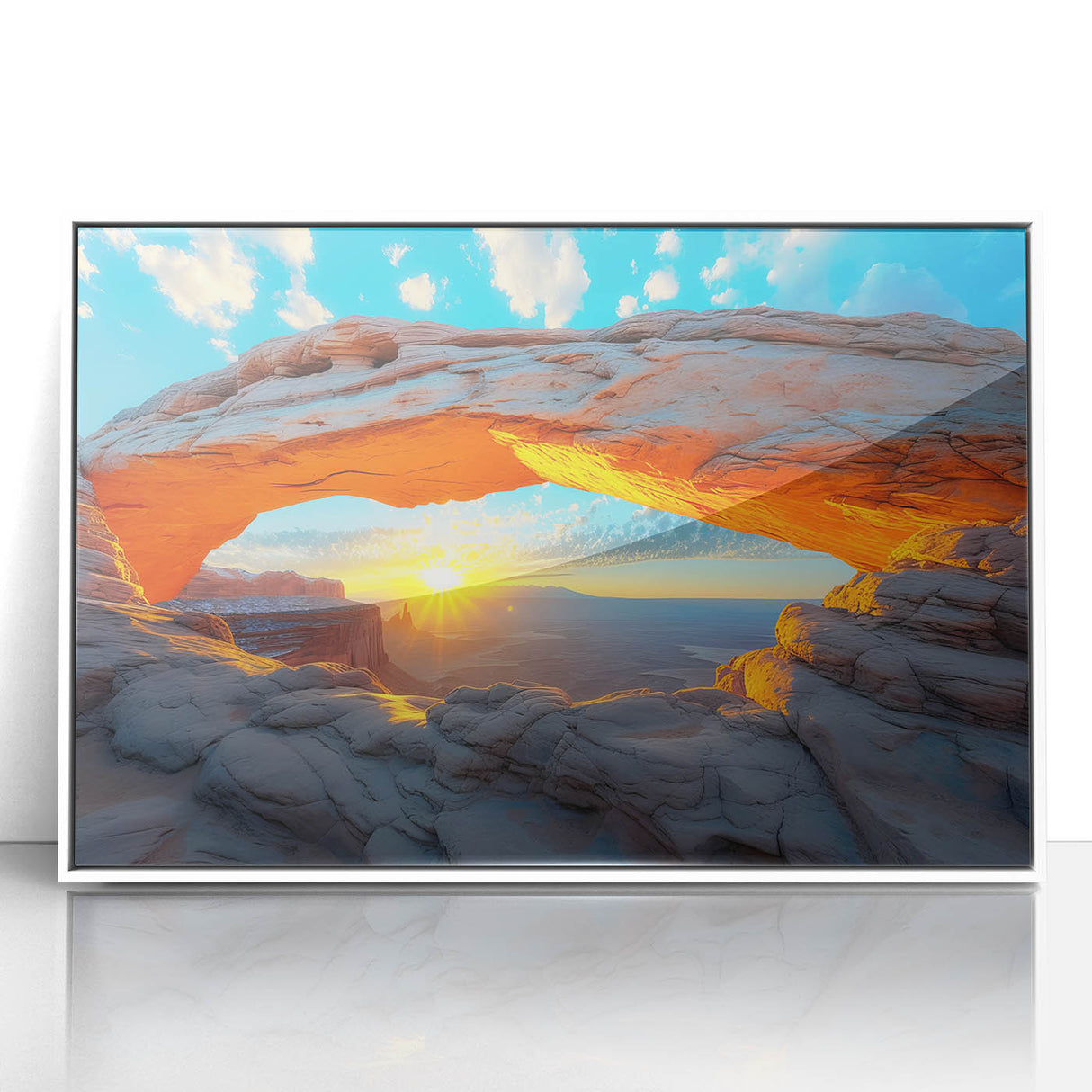 Acrylic print of Canyonlands with muted earth tones in an art deco style, ideal for modern art wall decor.