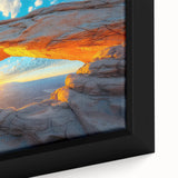 Extra large framed canvas depicting a textured depiction of Canyonlands, USA, in black with colorful art accents.