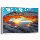 Vintage poster art of Canyonlands with vibrant earth tones on framed canvas, ideal for living room decor.