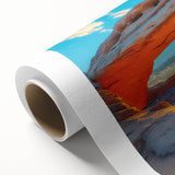 Art deco poster of Canyonlands in Utah, featuring muted earth tones on rolled canvas, ideal for nursery wall art.