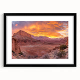 Extra large abstract art print of Utah's Capitol Reef in vibrant colors on textured canvas, framed in black.