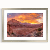 Textured art of Capitol Reef, Utah in abstract style, with earthy tones on a framed silver mat, suitable for bedroom decor.
