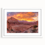 Abstract art print of Capitol Reef in Utah, featuring earthy red and orange tones on a white framed canvas.