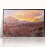 Mid-century modernist art depicting Utah's Capitol Reef in muted earth tones on a silver-framed acrylic print.