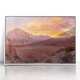 Acrylic print of Capitol Reef, Utah in muted earth tones, styled as art deco, ideal for modern art wall decor in a nursery.