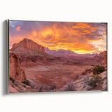 Framed canvas featuring a vintage-style landscape painting of Capitol Reef, Utah, with vibrant colors on a black background.