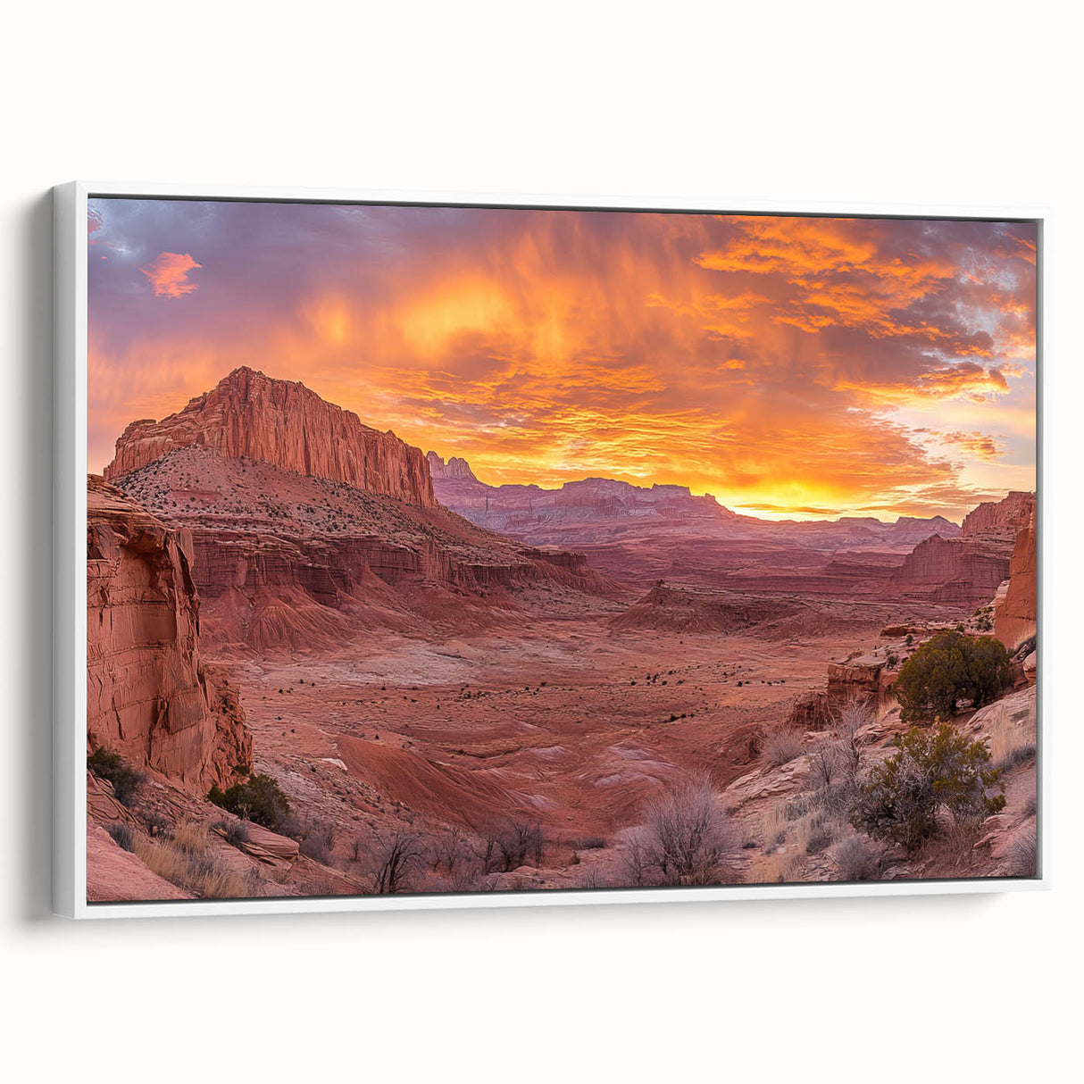 Vintage poster art of Utah's Capitol Reef on a framed canvas, featuring a colorful palette, ideal for living room decor.
