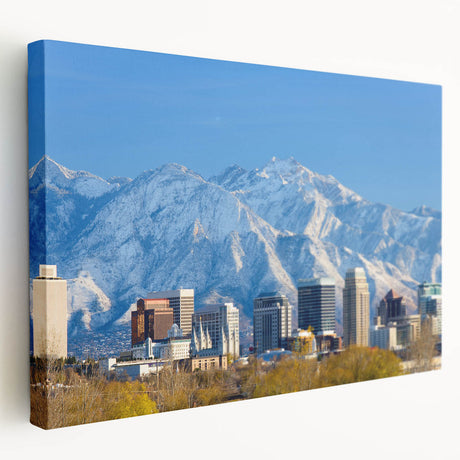 Large art print of Salt Lake City skyline in muted blue and gray tones on stretched canvas, suitable for kitchen wall decor.