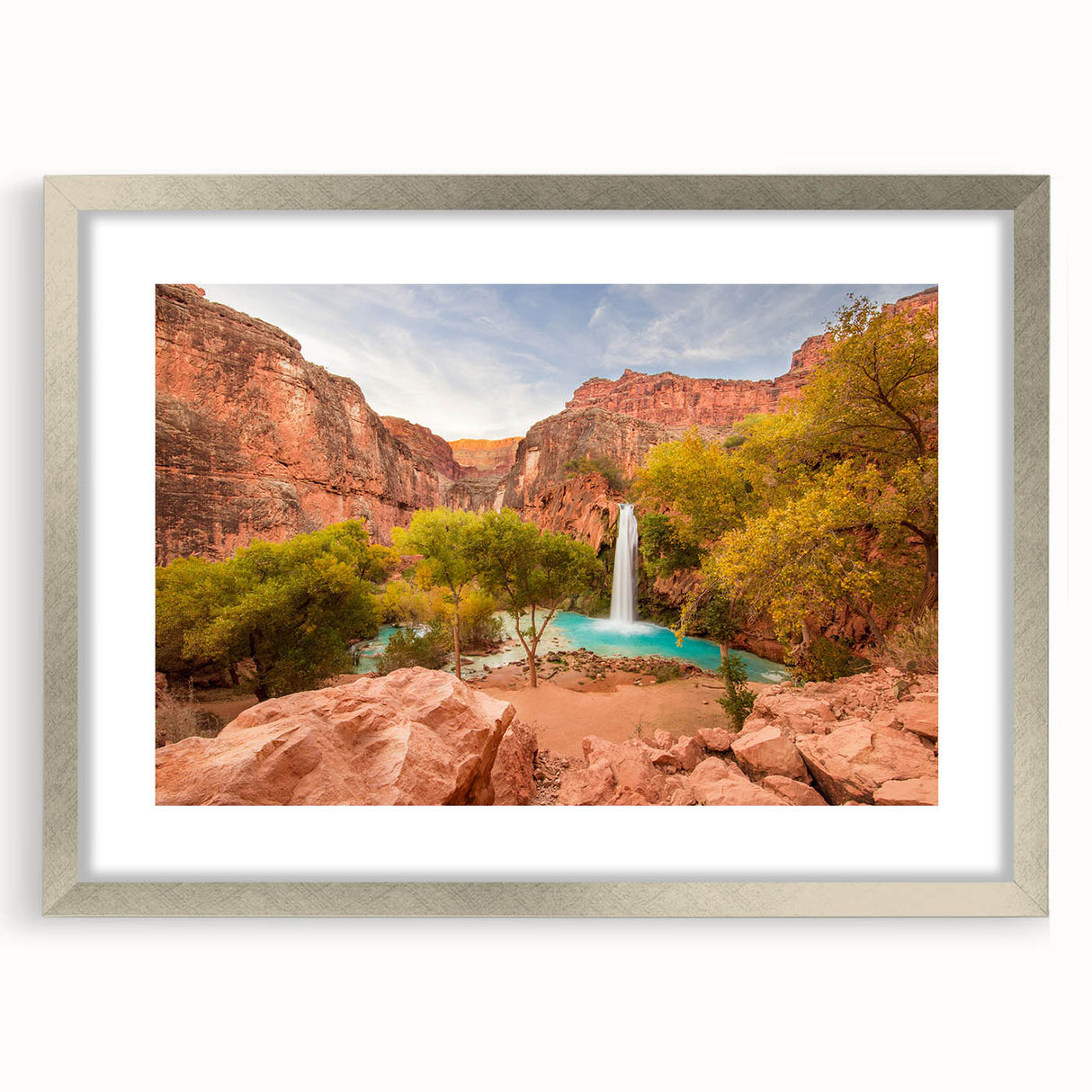 Textured art depicting abstract Zion National Park scenery in earth tones, framed in silver, ideal for bedroom art.