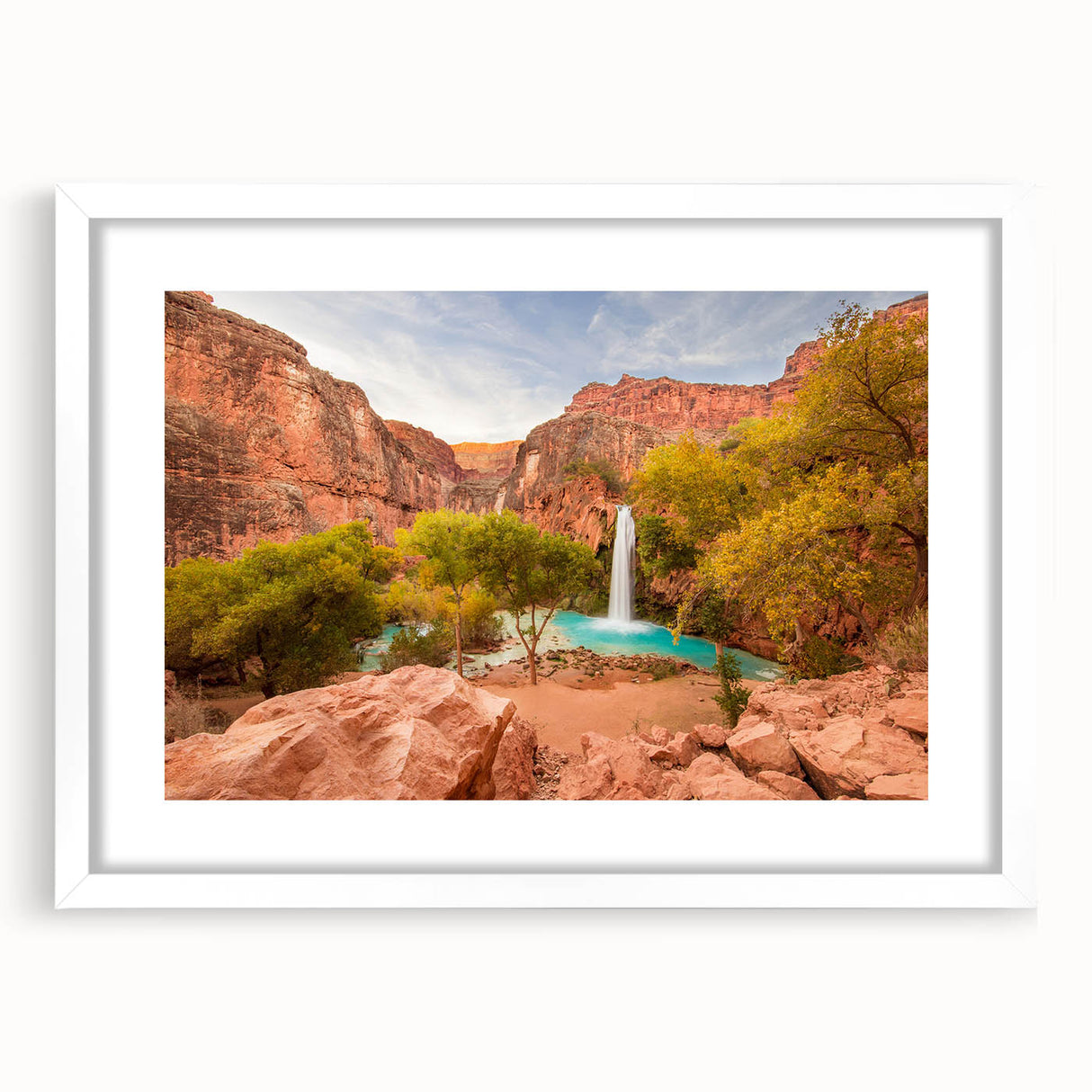 Abstract art print of Zion National Park in muted earth tones on a framed white canvas, ideal for dining room decor.